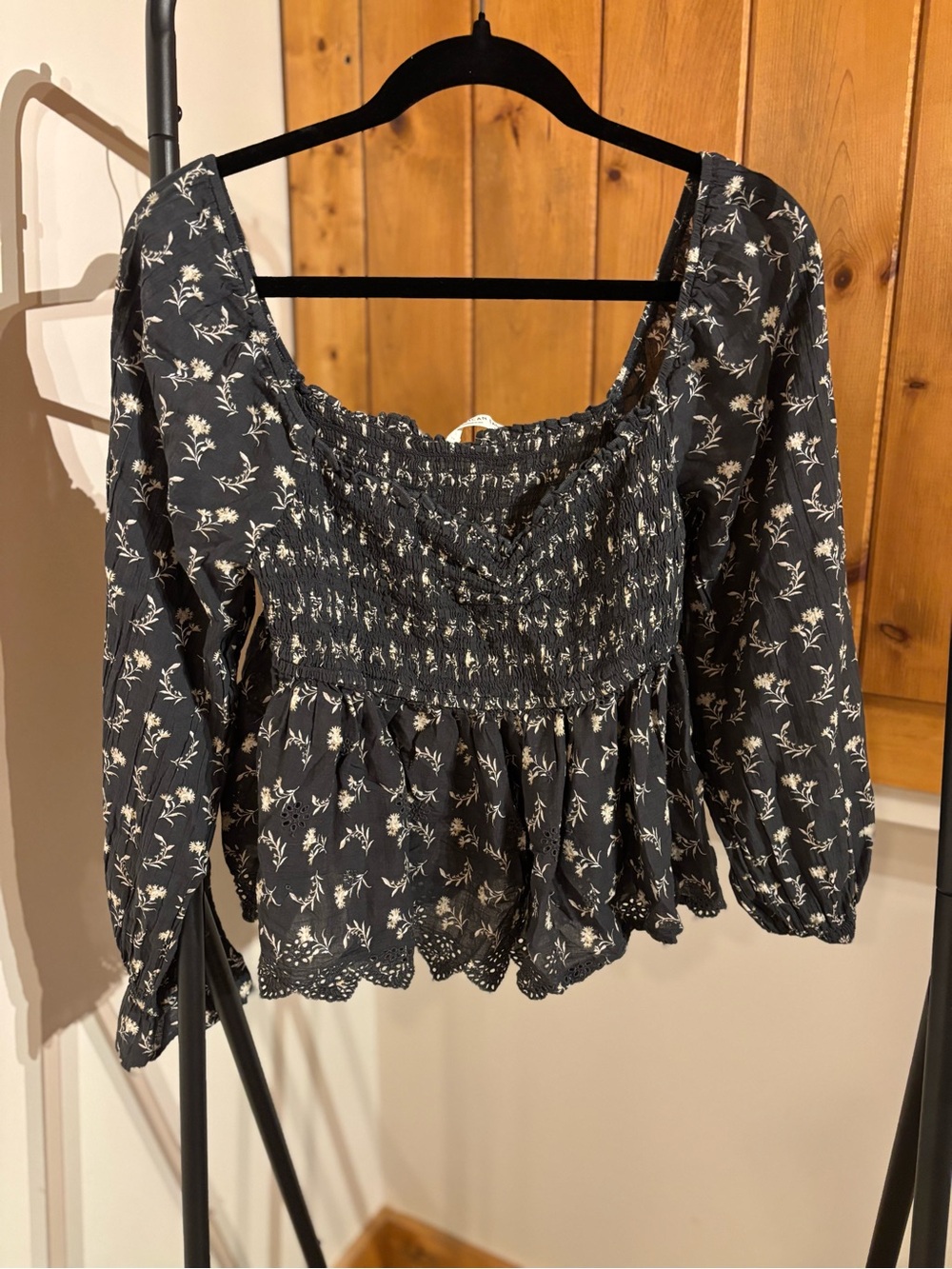 American Eagle Outfitters Black Floral Smocked Peplum Blouse